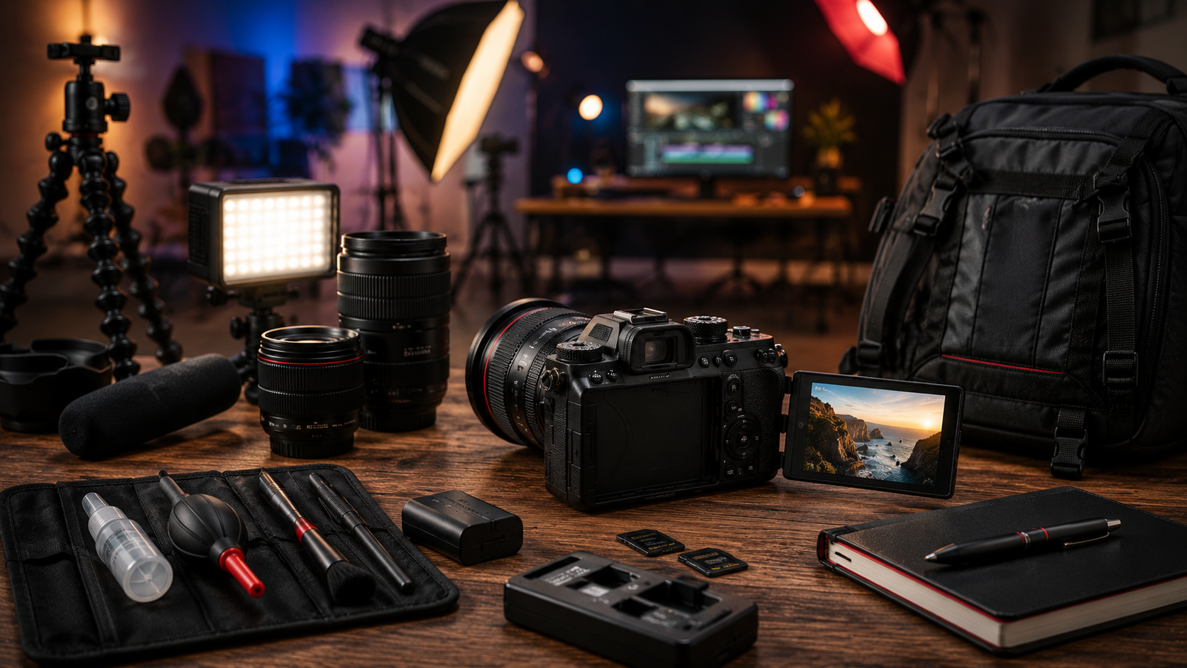 Best Cameras for Beginner Filmmakers featuring mirrorless cameras, filmmaking accessories, camera lenses, tripod, microphone, and 4K video production equipment.