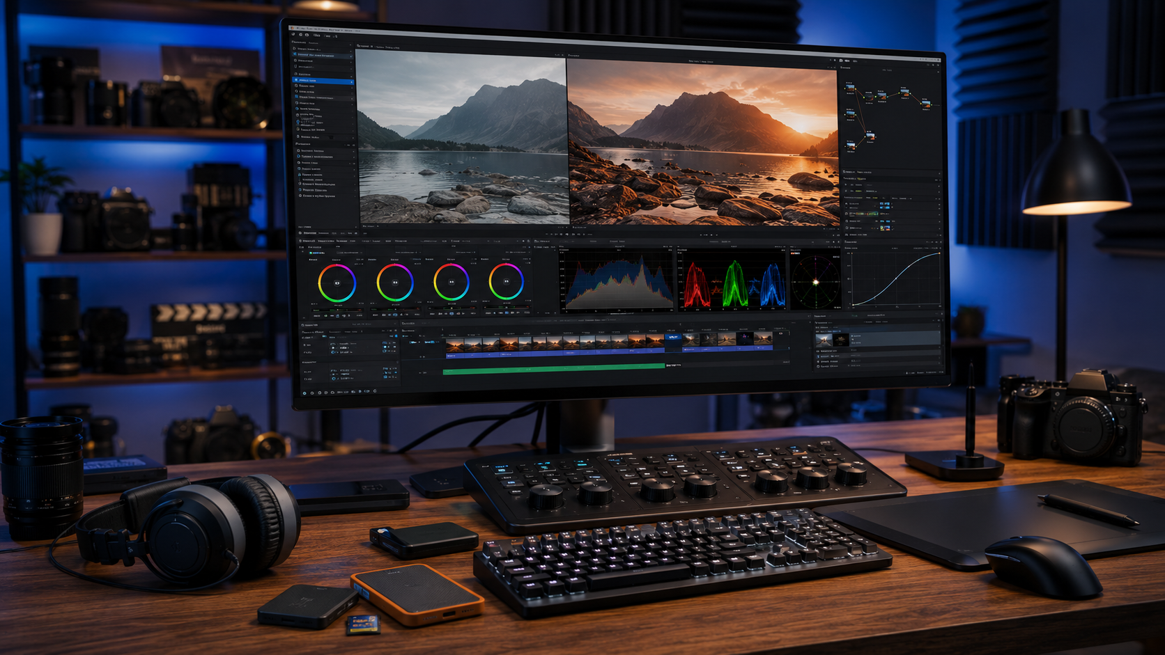 Color Grading for Beginners showing a professional video editing workstation with color wheels, waveform scopes, LUT adjustments, and cinematic footage in DaVinci Resolve style.