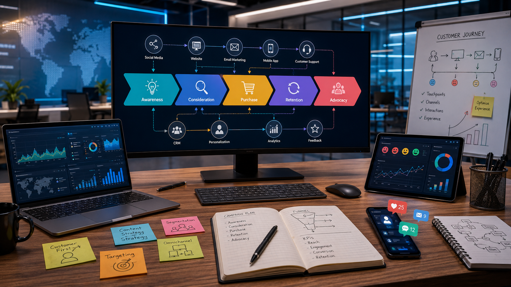 Customer Journey Mapping Explained with a visual customer journey flowchart showing awareness, consideration, purchase, retention, advocacy, and digital marketing touchpoints.