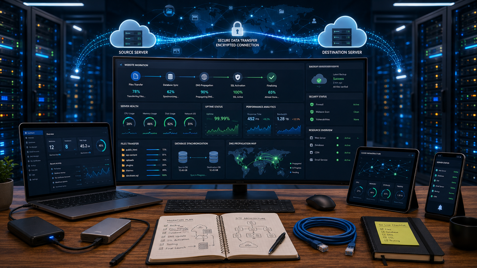 How to Migrate a Website Without Downtime showing website migration between two cloud servers with DNS switching, database transfer, SSL security, and zero downtime process.